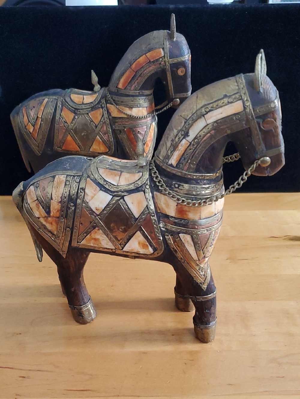 2 Antique Indian Wooden Armored Steed Hammer Brass Inlaid Stone Horse Art Decor